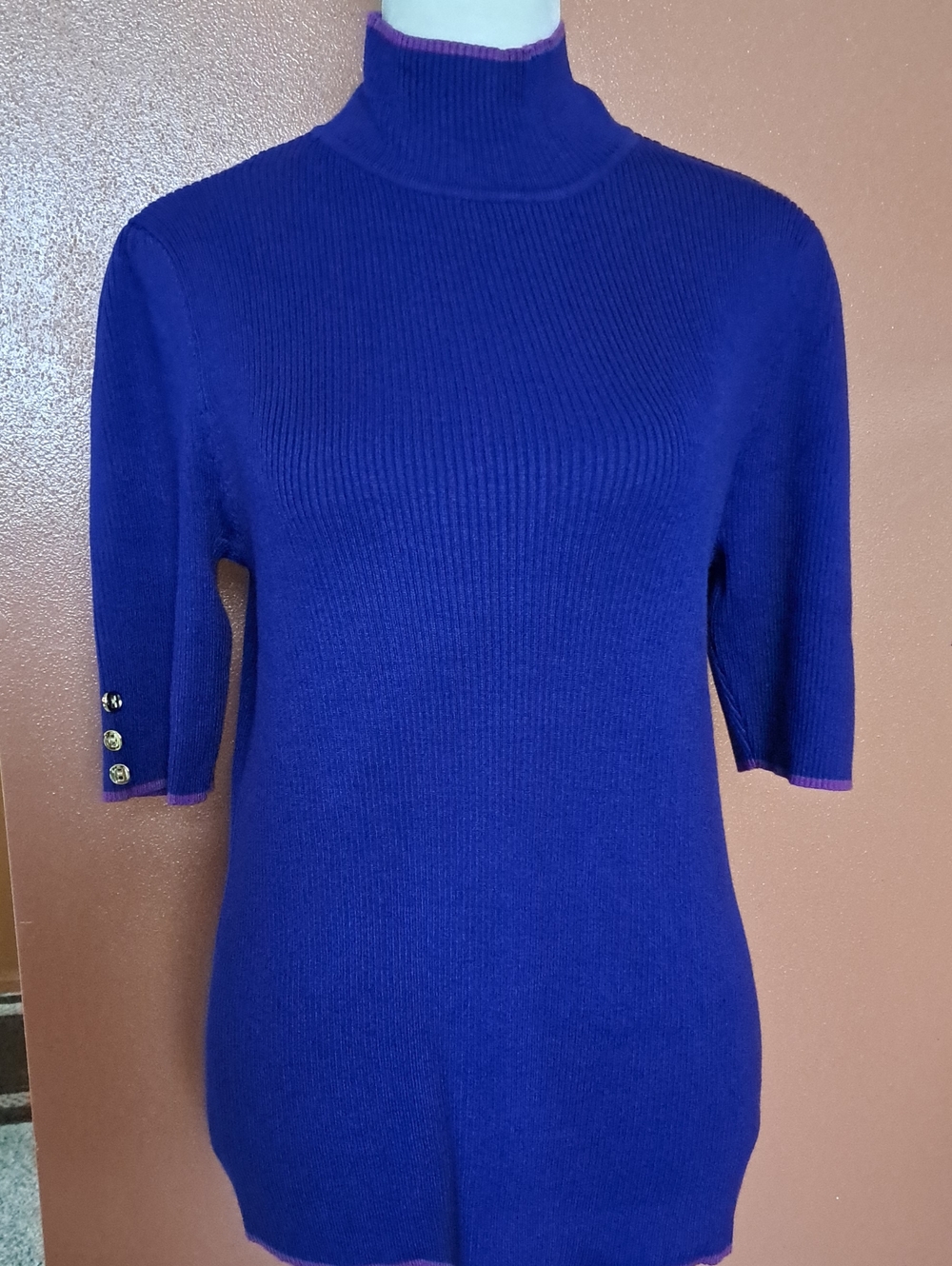 Liz Claiborne Purple Ribbed Mock Neck Short Sleeve Sweater